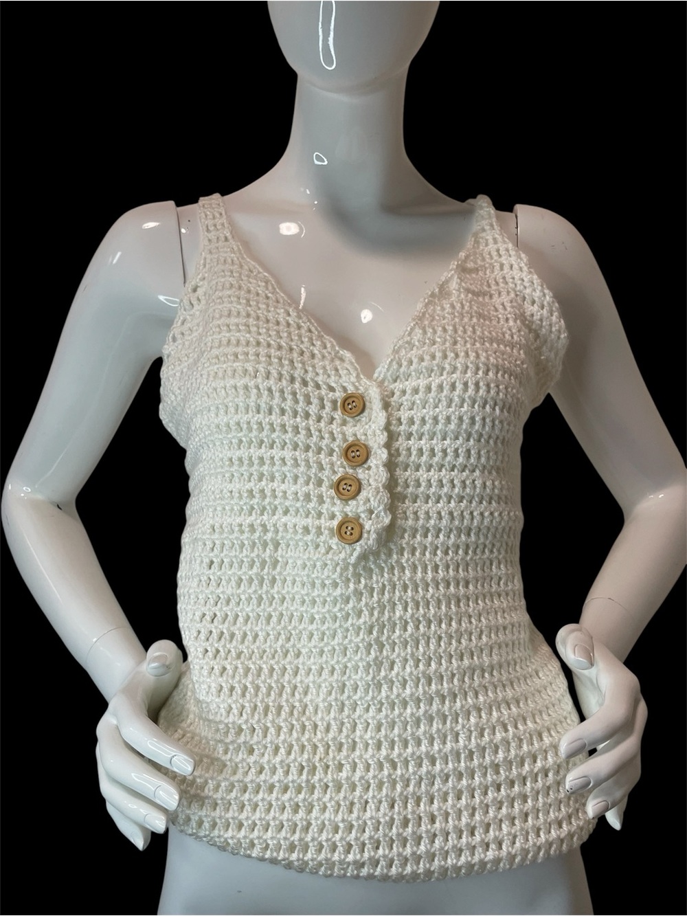 Hand Made Cream Crochet Button-Front Tank Top